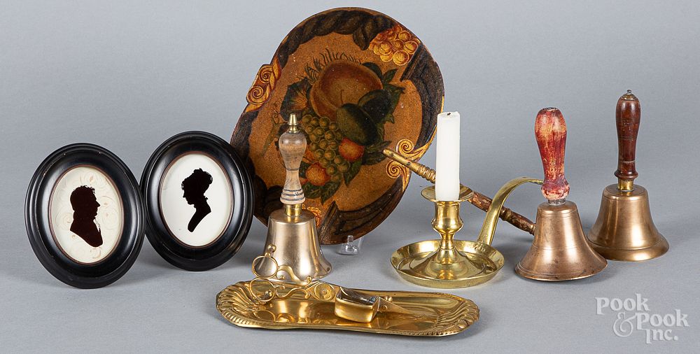 Appraisal: Decorative accessories Decorative accessories to include brass school bells papier