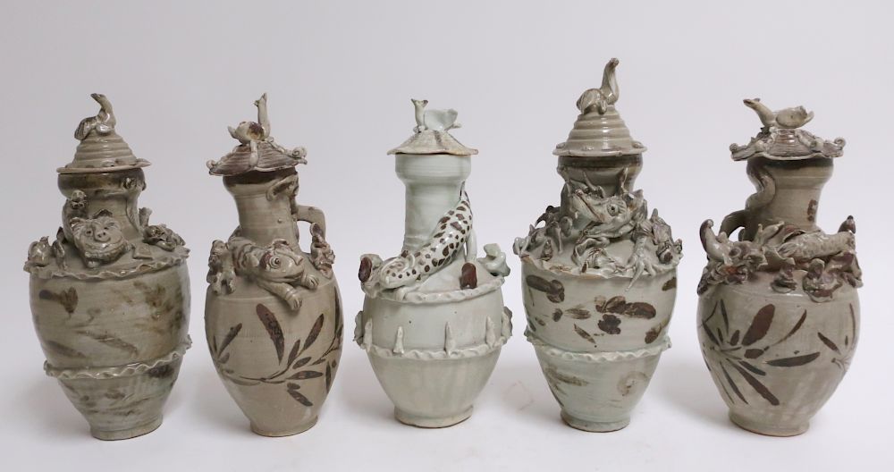 Appraisal: Five Song Covered Funerary Urns This grouping consists of two