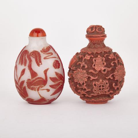 Appraisal: Two Snuff Bottles One of Peking glass decorated with a