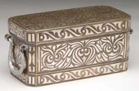 Appraisal: UNUSUAL FAR EASTERN BRONZE SILVER INLAID BOX The hinged lid