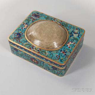 Appraisal: Cloisonne Box with Jade Carving Cloisonne Box with Jade Carving