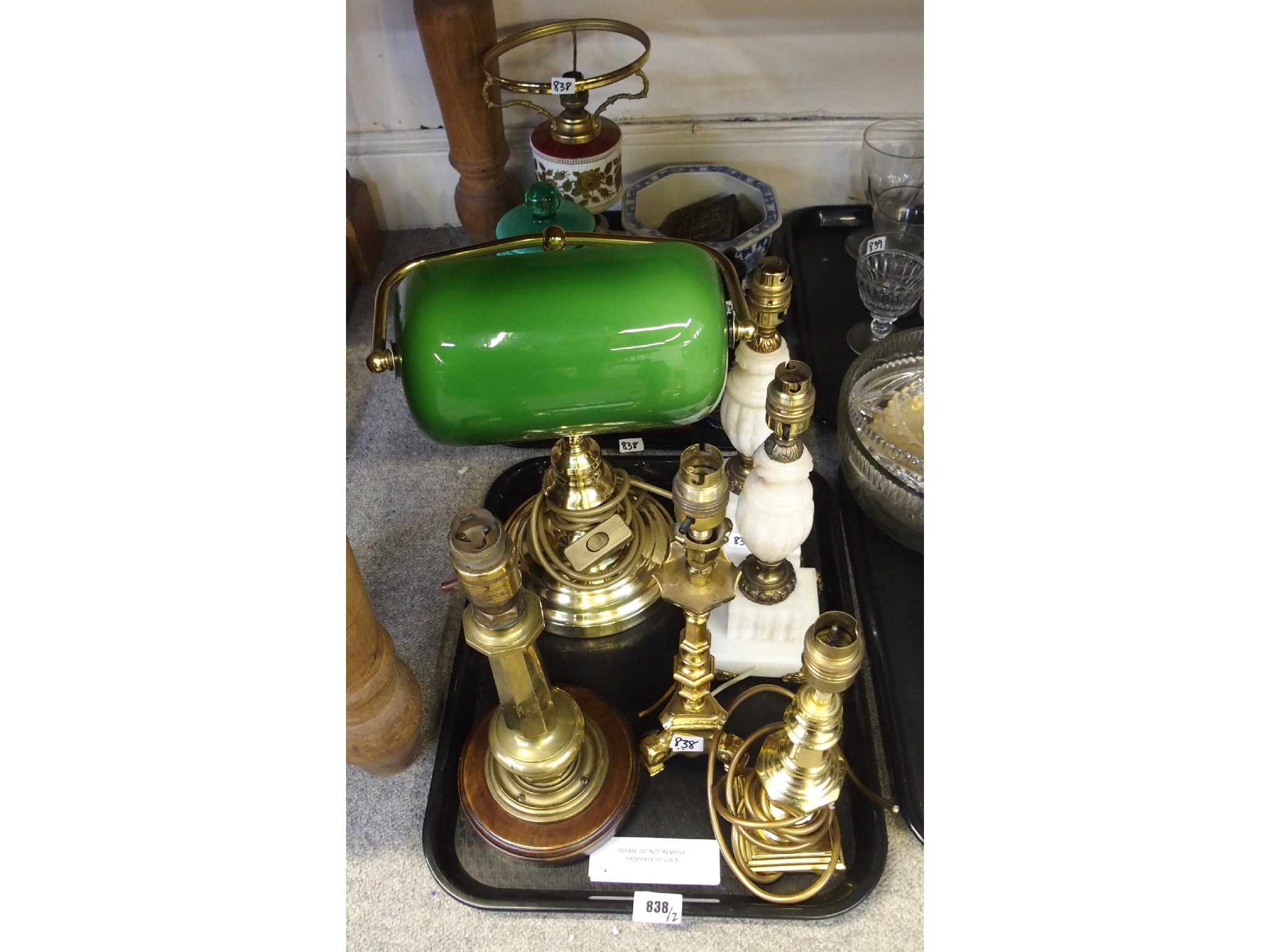 Appraisal: Two trays comprising four brass lamp bases pair of onyx