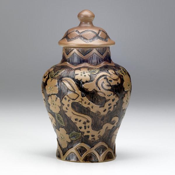 Appraisal: IRENE NELSONNORTH DAKOTA SCHOOL OF MINESCovered jar carved by Irene