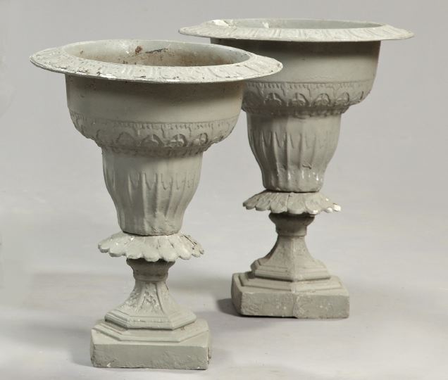 Appraisal: Pair of Polychromed Cast-Iron Garden Urns each with a foliate-modeled