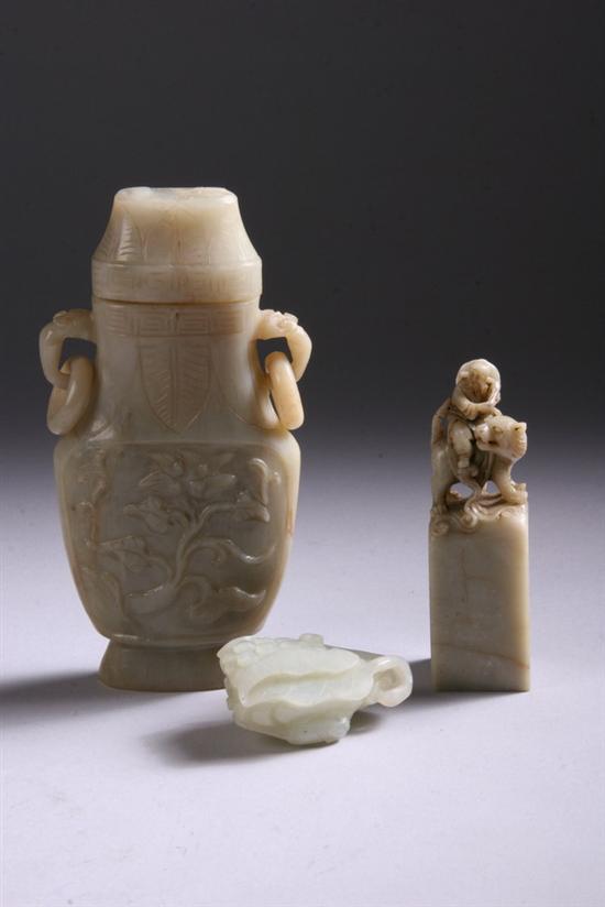 Appraisal: CHINESE SOAPSTONE VASE SEAL AND JADE CARVING OF VEGETABLE The