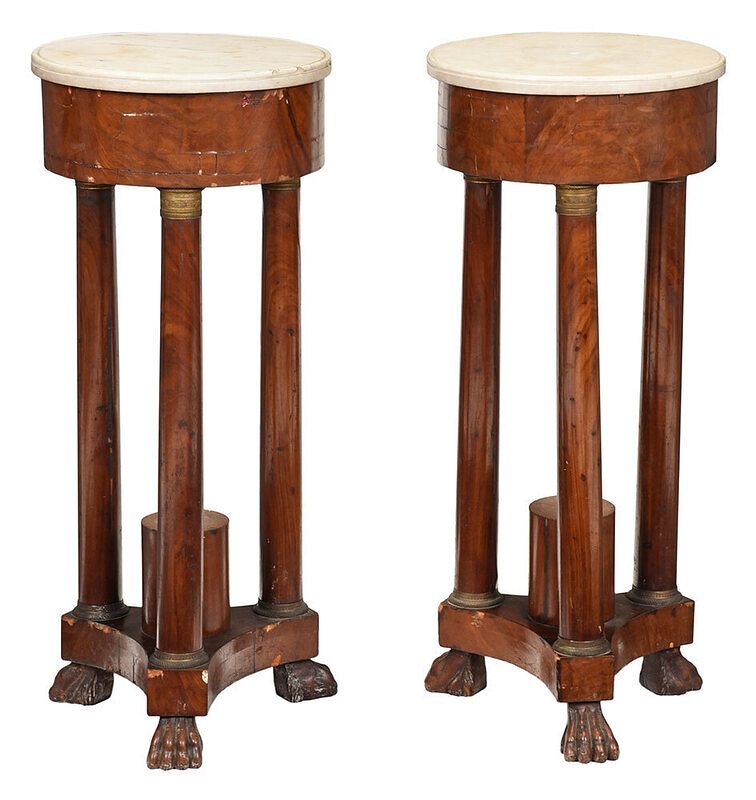 Appraisal: Pair Empire Mahogany Marble Top Pedestal Tables probably Continental th