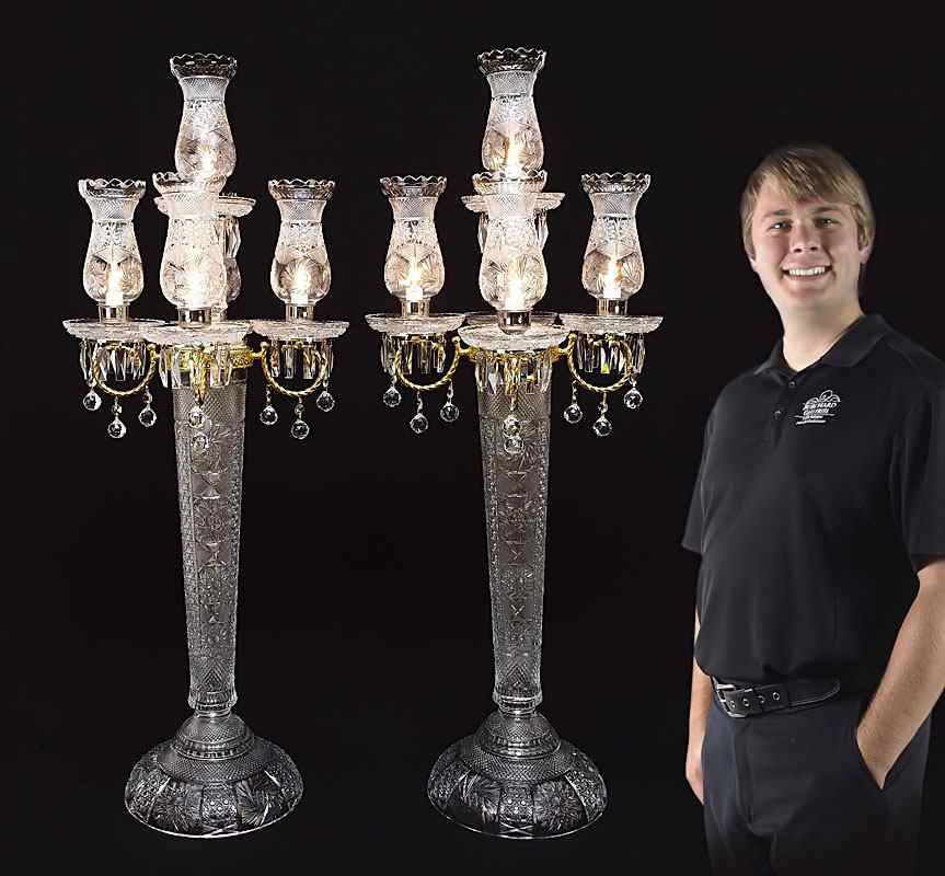 Appraisal: PAIR CUT GLASS CANDELABRA LAMPS Later th century Turkish light