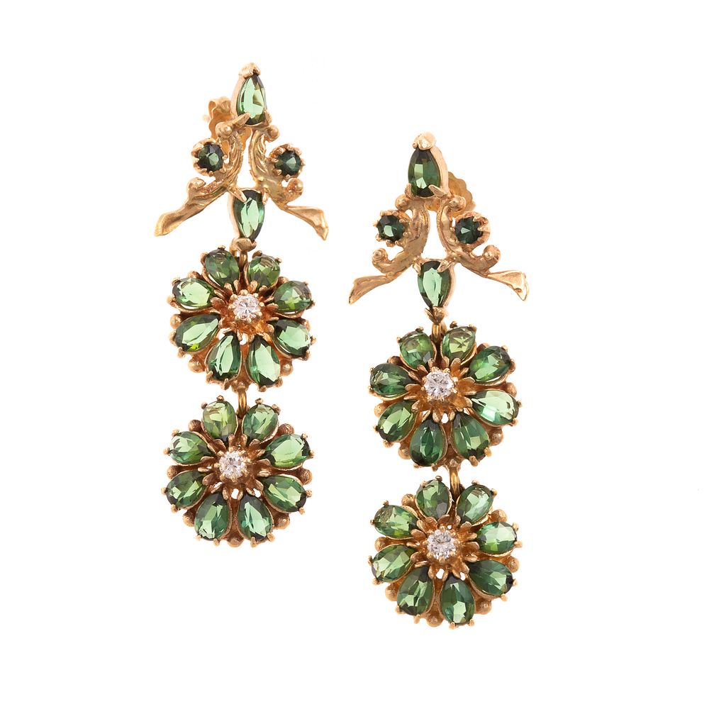 Appraisal: A Pair of Drop Green Tourmaline Diamond Earrings K yellow