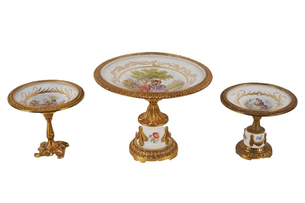 Appraisal: THREE SEVRES-STYLE PORCELAIN TAZZAStwo with Sevres-style mark further marked Handpainted