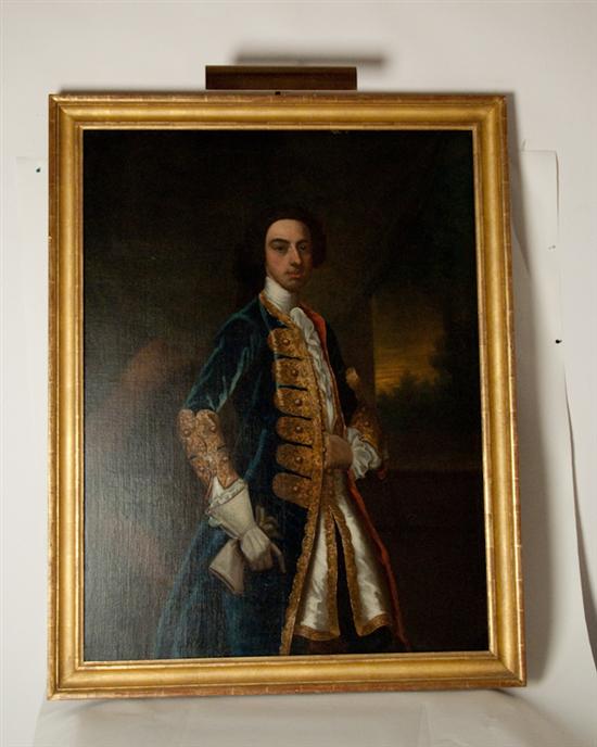 Appraisal: Artist Unknown th C Gentleman in Blue Overcoat Oil on