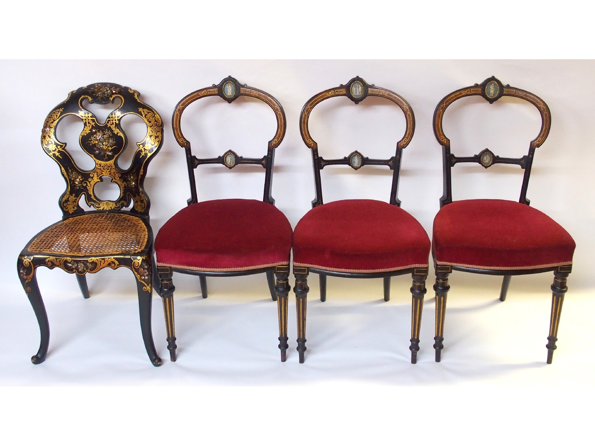 Appraisal: Three Victorian ebonised inlaid burr walnut parlour chairswith jasper blue