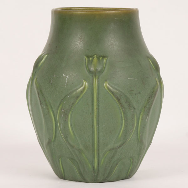 Appraisal: Hampshire Pottery tulip vase matte green glaze Impressed mark H