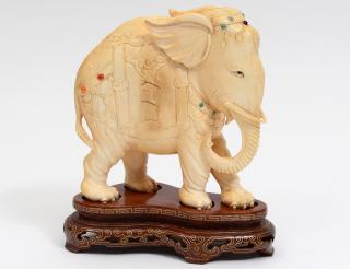 Appraisal: CARVED IVORY STUDY OF A JEWELED ELEPHANT Chinese th Century