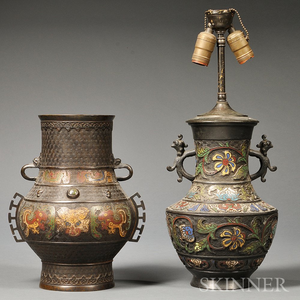 Appraisal: Two Champleve Urns China one decorated with archaic-style creatures over