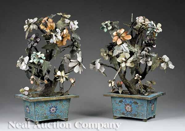 Appraisal: A Pair of Chinese Carved Hardstone Trees in Cloisonn Jardini