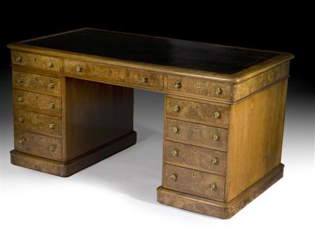 Appraisal: GOOD VICTORIAN BURR WALNUT PEDESTAL DESK CIRCA the moulded rounded