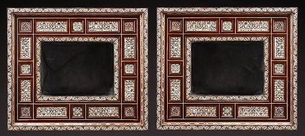 Appraisal: A pair of Levantine shell inlaid hardwood mirrors The rectangular