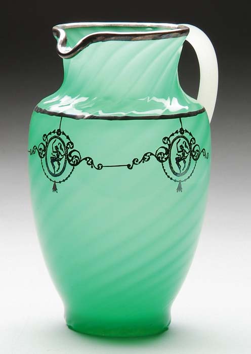 Appraisal: STEUBEN SILVER OVERLAY PITCHER Rare Steuben pitcher has swirled green