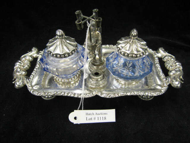 Appraisal: Rare Dutch Sterling Inkstand with blue art glass inserts double