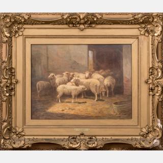 Appraisal: Clara Belle Owen - Sheep in a Barn Oil on