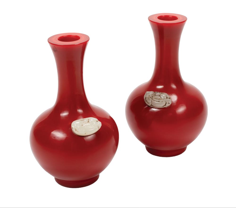 Appraisal: Pair of Modern Chinese Peking-Style Glass Bottle Vases red bodies