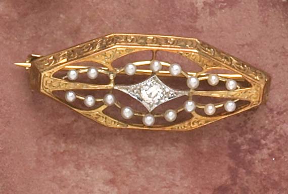 Appraisal: SEED PEARL AND DIAMOND BROOCH k yellow gold beautifully hand