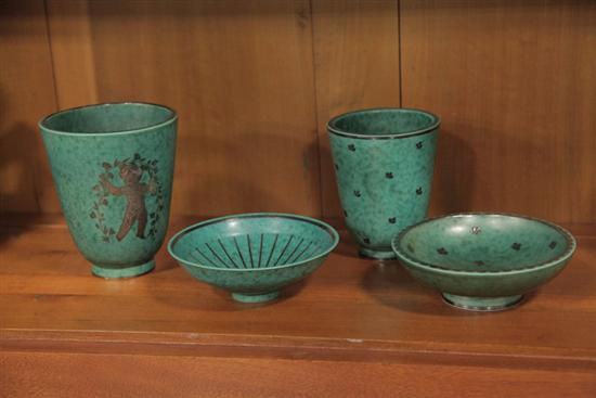 Appraisal: FOUR PIECES OF GUSTAVSBERG ARGENTA POTTERY All mottled green with