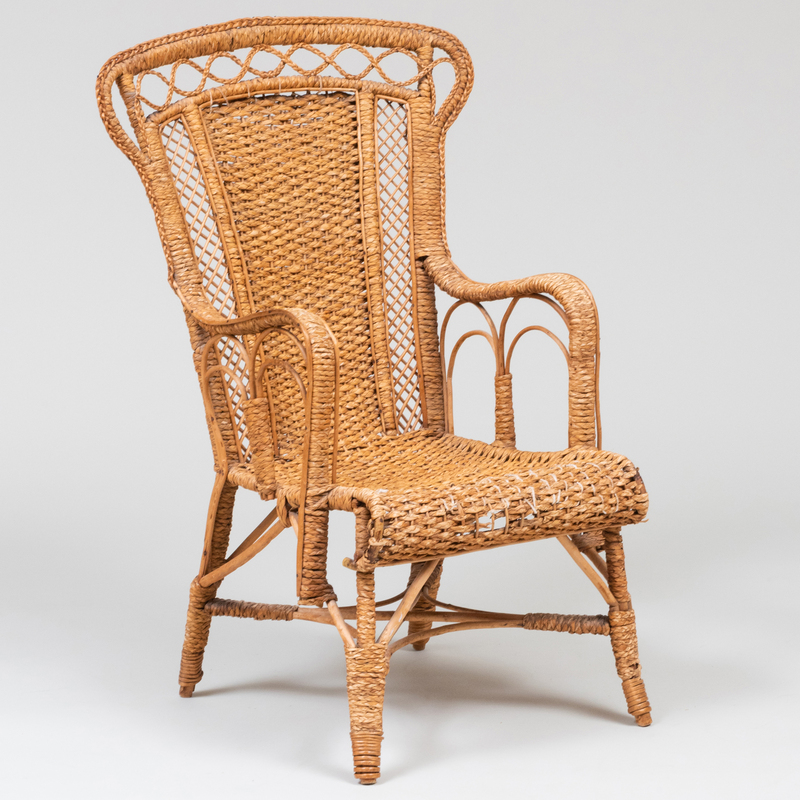 Appraisal: VICTORIAN STYLE BASKET-WEAVE ARMCHAIR x x in height of seat