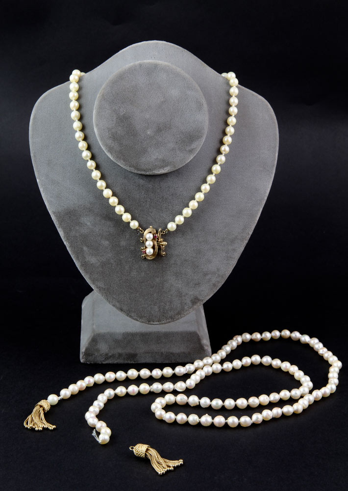 Appraisal: - Pearl and K Gold Necklaces Two pearl and K