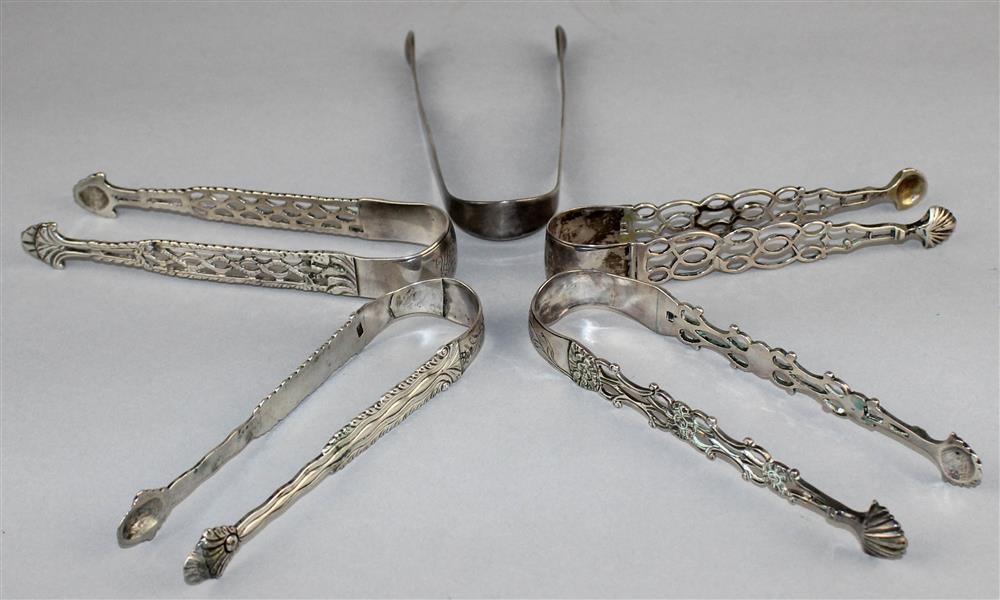 Appraisal: FIVE PAIRS OF SUGAR TONGS including a Chippendale style pair