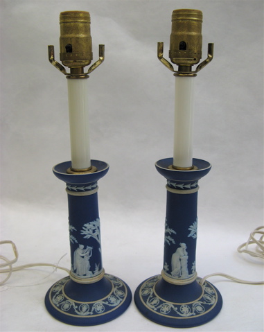 Appraisal: PAIR ENGLISH WEDGWOOD JASPERWARE TABLE LAMPS decorated with classical figures