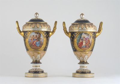 Appraisal: A pair of Dresden urn-shaped vases painted with mythological and