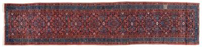 Appraisal: Persian runner repeating detailed designs on salmon field blue and