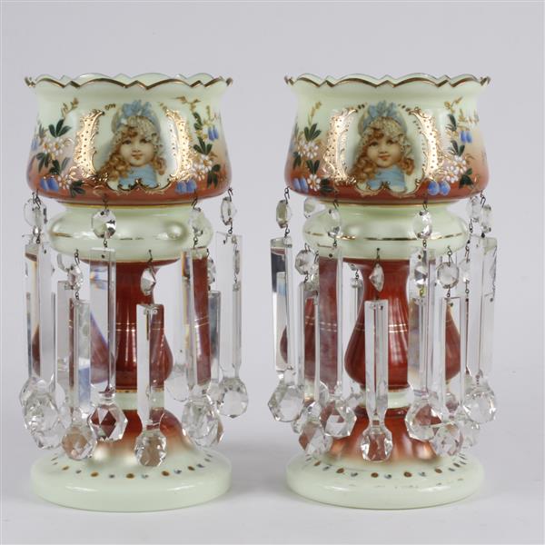 Appraisal: Pair Victorian Bristol glass candle lustres with child portraits Small