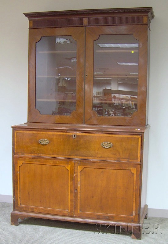 Appraisal: Regency Glazed Inlaid Mahogany and Satinwood Veneer Two-Part Desk Bureau