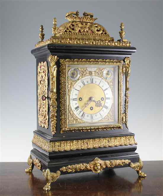 Appraisal: A Victorian ormolu mounted ebonised chiming bracket clock in an