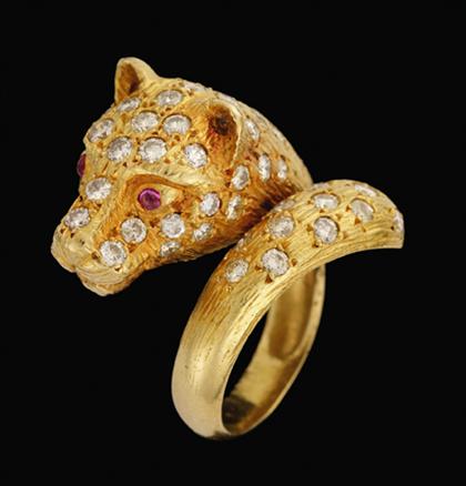 Appraisal: karat yellow gold ruby and diamond panther ring Yellow gold