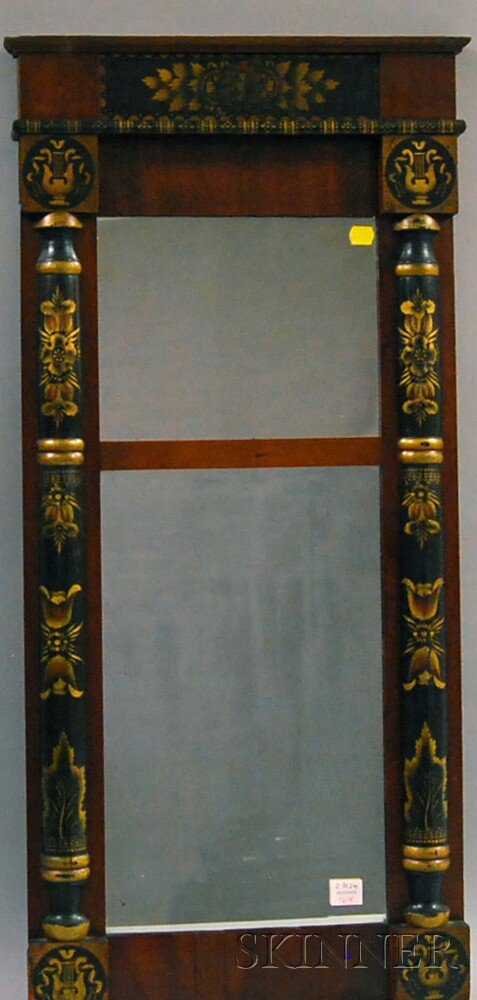 Appraisal: Classical Gilt and Stenciled Mahogany Veneer Split-baluster Mirror th century