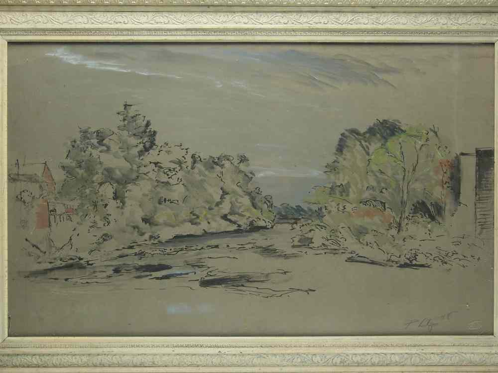 Appraisal: W C INK DRAWING - Landscape depicting river between trees