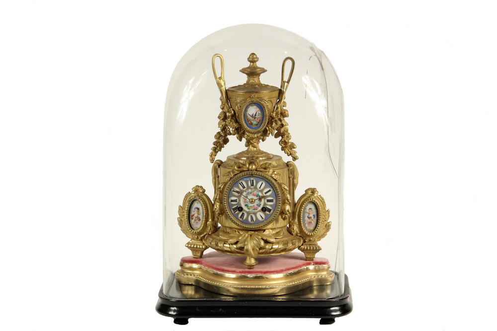 Appraisal: FRENCH MANTEL CLOCK UNDER GLASS DOME - Gilt Brass Clock