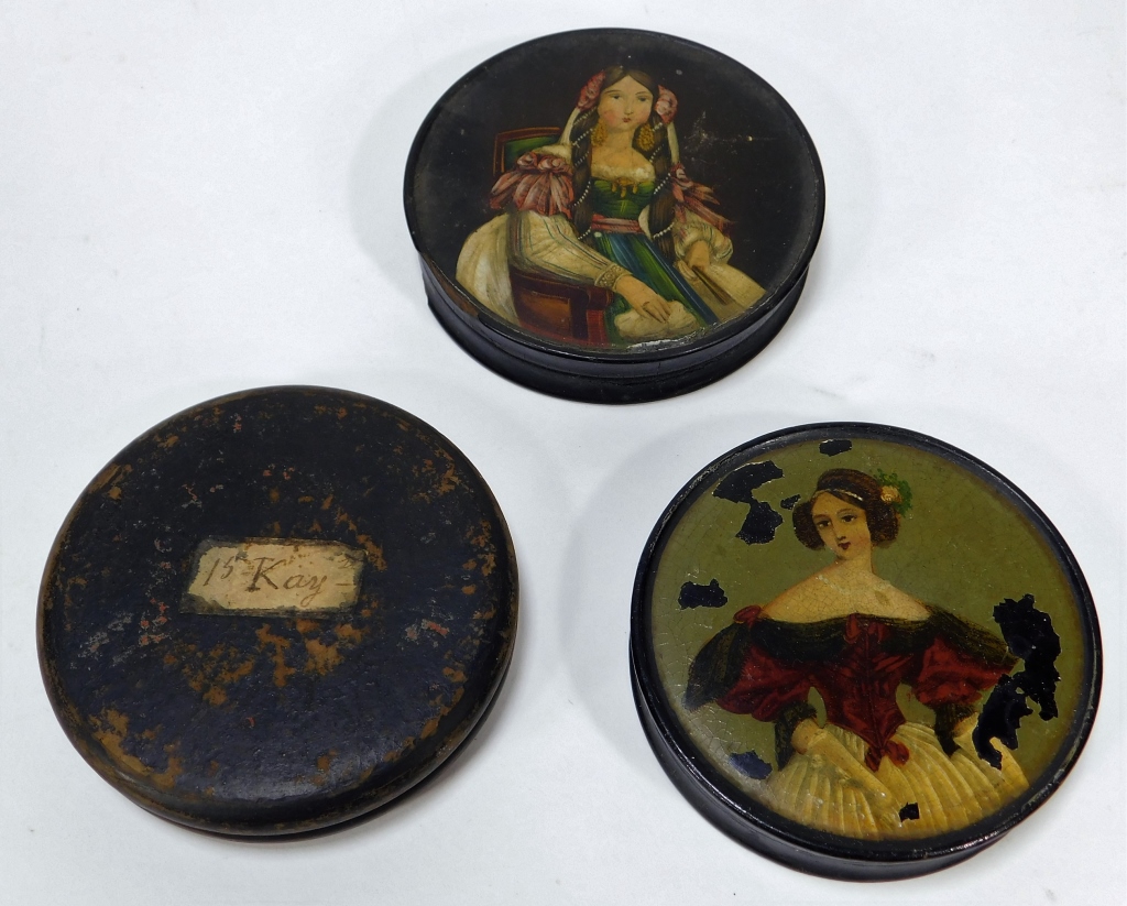 Appraisal: ANTIQUE EUROPEAN PAINTED LADY SNUFF BOXES Europe th- th CenturyLot