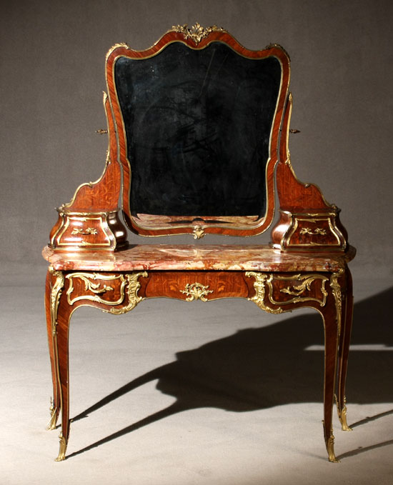 Appraisal: Louis XV Style Ormolu Mounted Satinwood Marquetry Kingwood Marble-Top Dressing