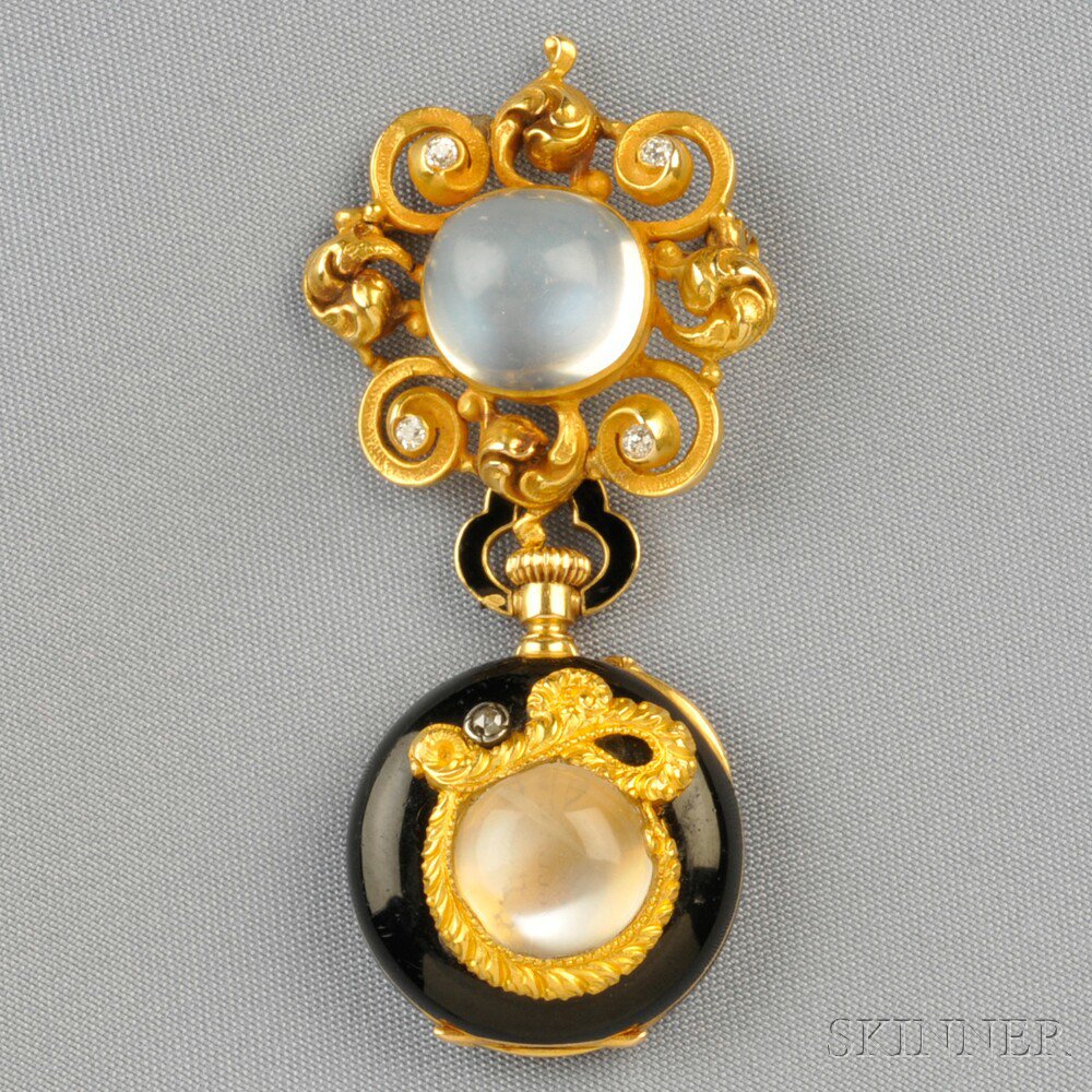 Appraisal: Antique Moonstone and Diamond Lapel Watch the kt gold pendant