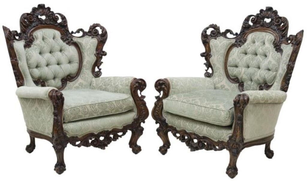 Appraisal: pair Oversized Italian Baroque style armchairs th c rocaille crest