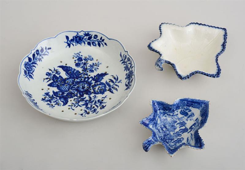 Appraisal: WORCESTER BLUE-TRANSFER PRINTED PINECONE STRAINER AND TWO LEAF-FORM PICKLE DISHES