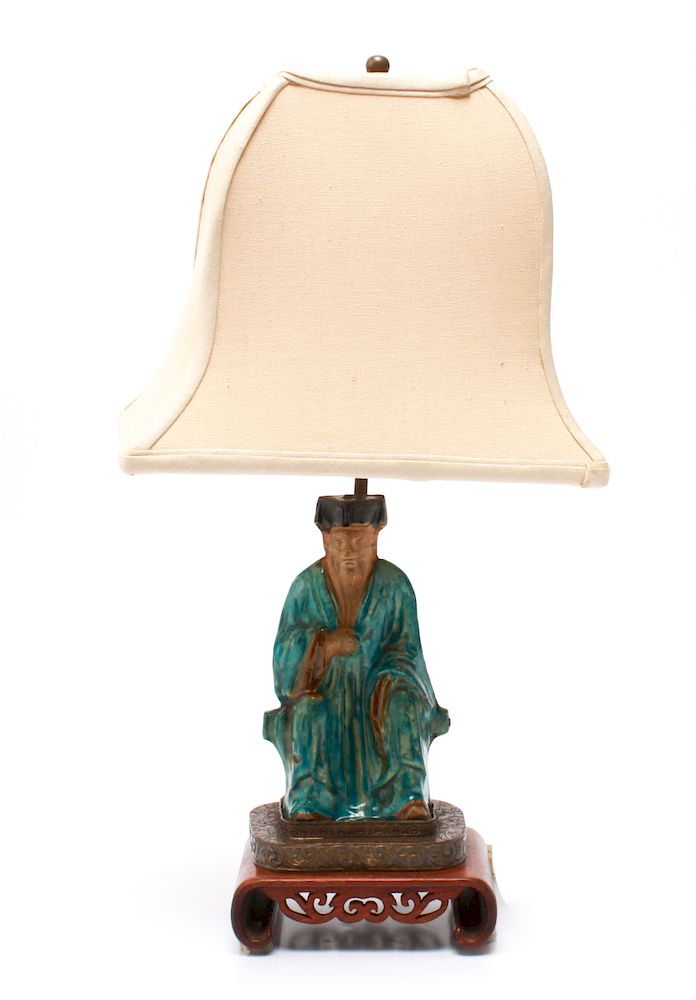 Appraisal: Chinese Glazed Pottery Ancestor Figure Table Lamp Chinese glazed pottery