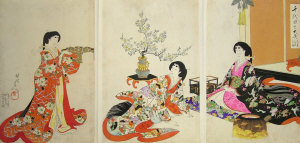 Appraisal: Toyohara Chikanobu - - Three noble women celebrating the new