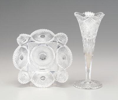 Appraisal: Cut glass vase bowl trumpet shaped vase hobstar and diamond