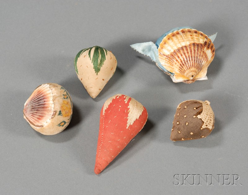 Appraisal: Five Hand-stitched Pincushions America th century including three strawberry-form two