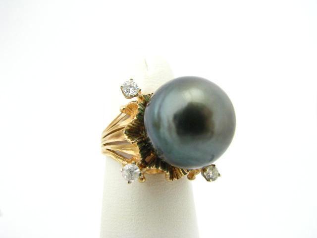 Appraisal: K Yellow Gold Black Tahitian Pearl and Diamond Ring containing